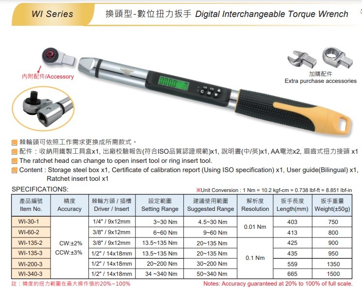 數位扭力扳手WI 系列 (4.5~135 Nm / 9x12換頭型)